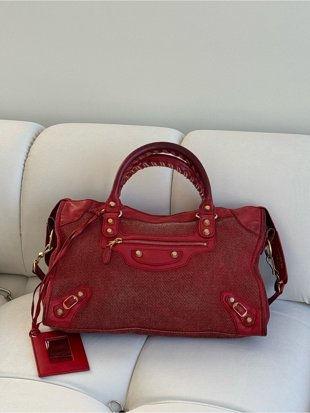 Vintage Balenciaga Linen Leather Trim Medium City Handbag With Strap in Red